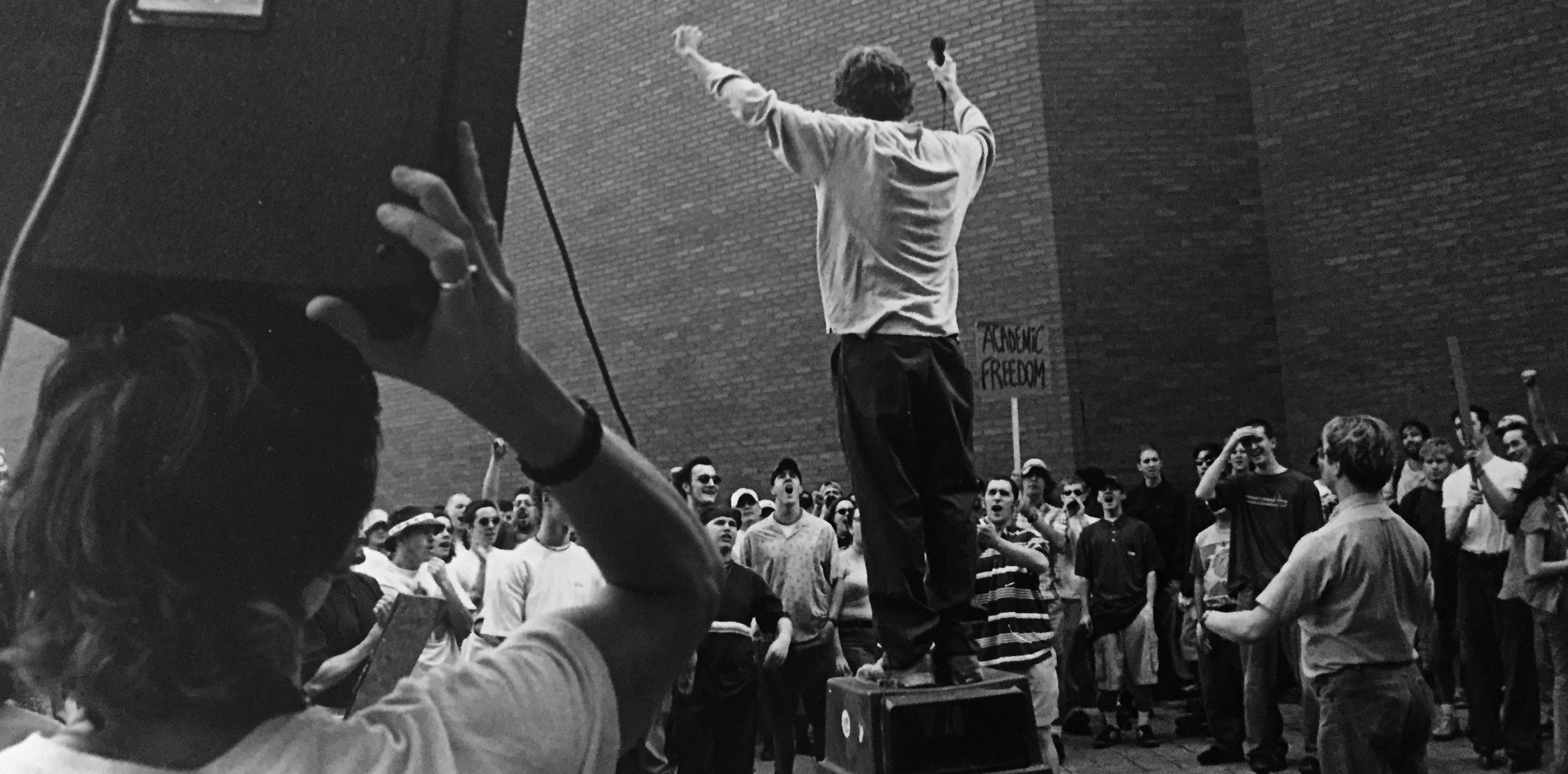Shea Gunther speaks at a demonstration protesting his expulsion from Rochester Institute of Technology in 1998 for founding the Rochester Cannabis Coalition, which would later become Students for Sensible Drug Policy.